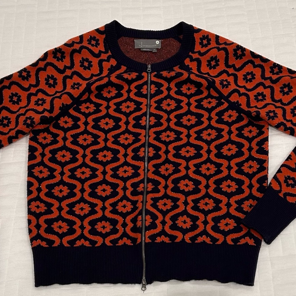 Designer Women’s Orange and Navy Front Zip Patterned Cardigan